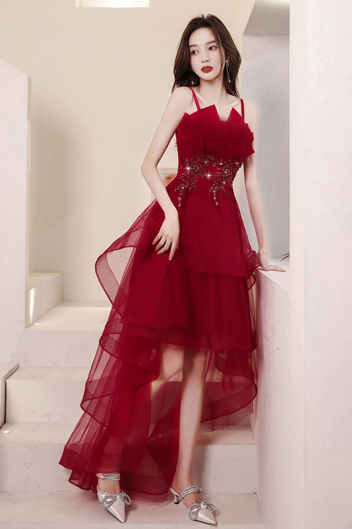 Burgundy High Low Tulle Prom Dresses, Wine Red Short High Low Formal Homecoming Dresses