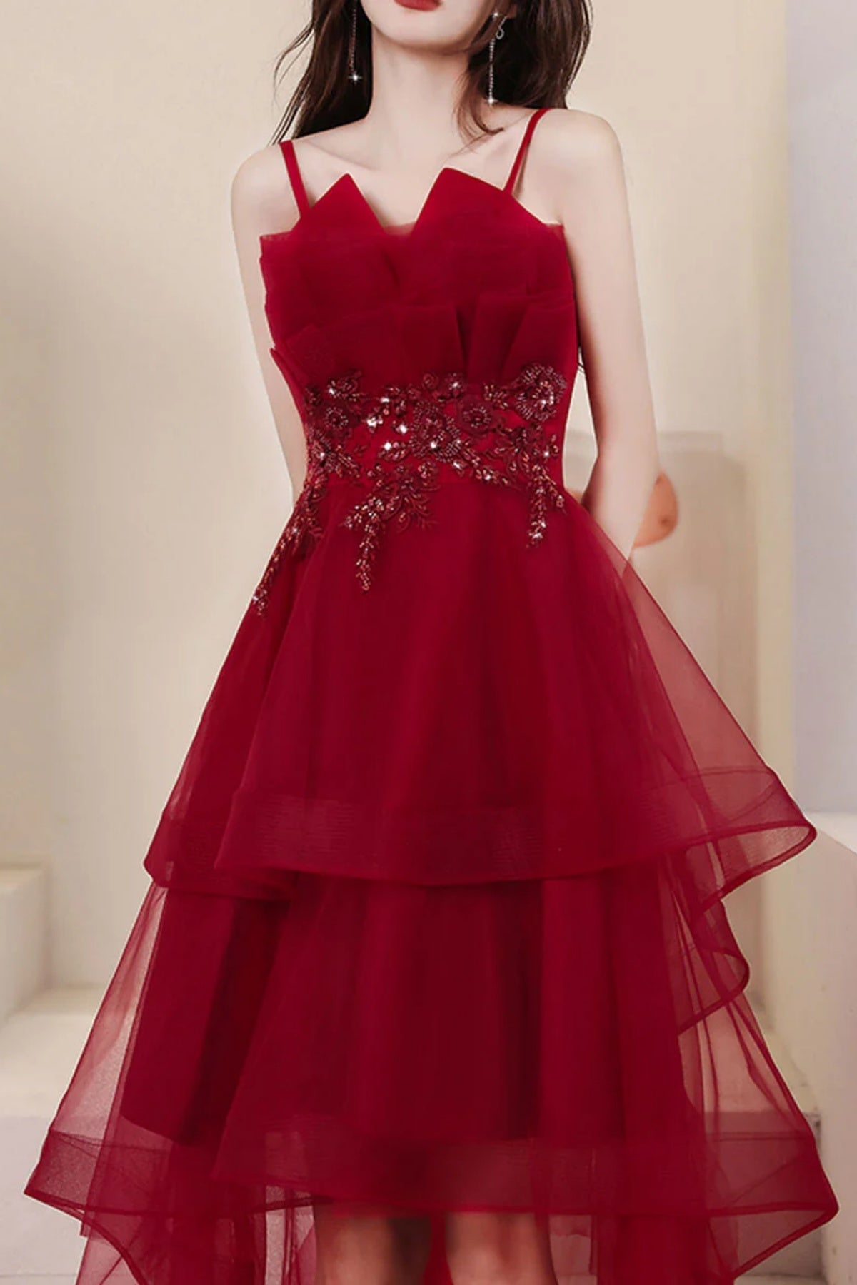 Burgundy High Low Tulle Prom Dresses, Wine Red Short High Low Formal Homecoming Dresses