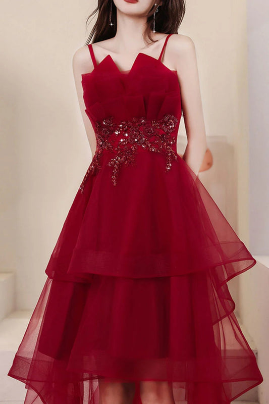 Burgundy High Low Tulle Prom Dresses, Wine Red Short High Low Formal Homecoming Dresses