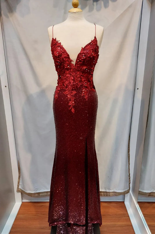 Burgundy V Neck Spaghetti Straps Sheath Sequins Prom Dress with Appliques
