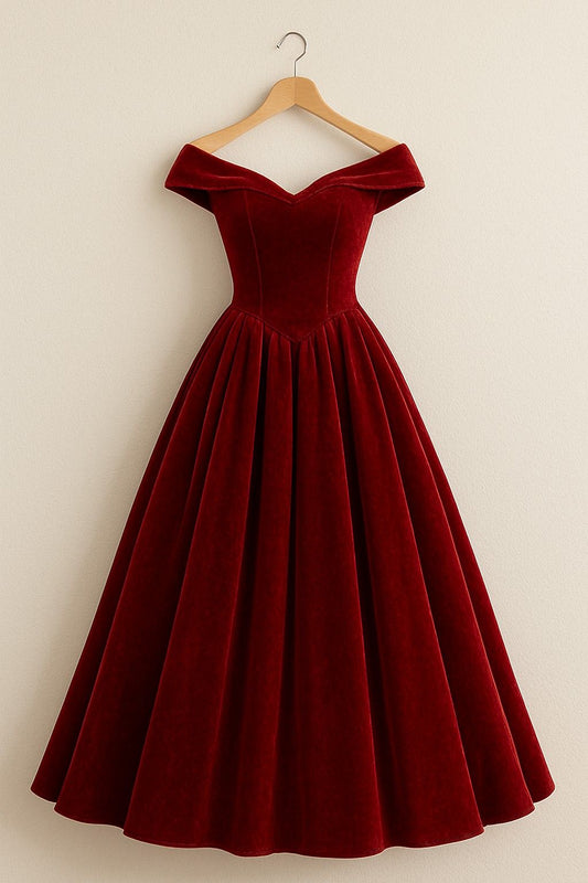 Burgundy Velvet Party Dress Off The Shoulder A-line Midi Gradaution Dress,LTP4289