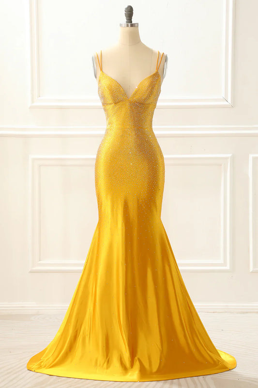 Satin Mermaid Glitter Yellow Prom Dress With Beading