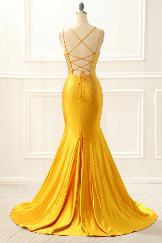 Satin Mermaid Glitter Yellow Prom Dress With Beading