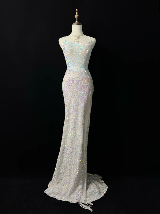 Sparkly White Spaghetti Straps Sequins Prom Dress,Mermaid Slit Tassel Evening Dress Y8648