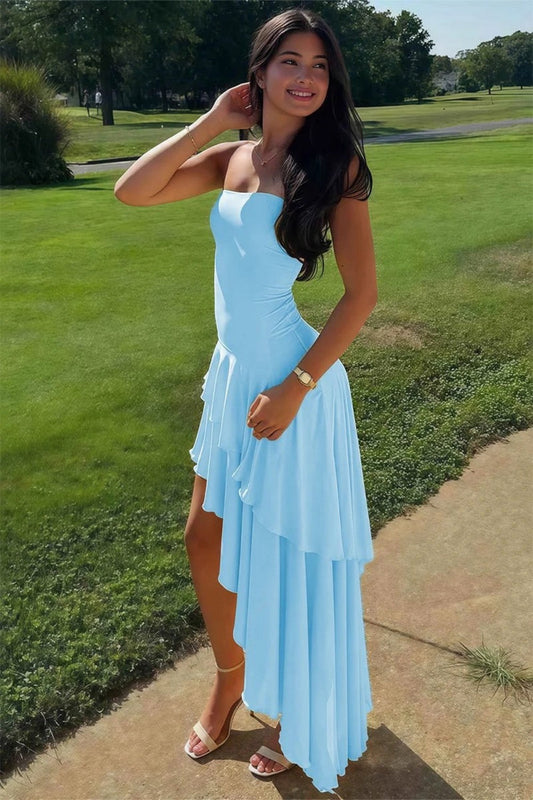 Charming Asymmetrical Strapless Blue Long Prom Dress with Ruffles