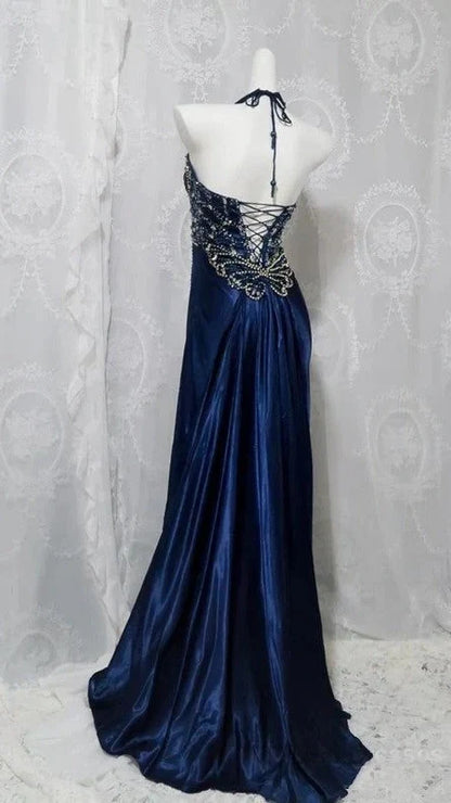 Charming Blue Halter Pleated Senior Prom Dresses Beaded Evening Formal Gown,LTP4283