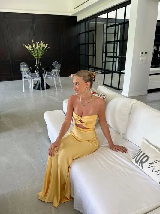 Liymcdress Charming Sheath Strapless Yellow Satin Party Evening Gown Sexy Long Prom Dress Elegant Graduation Dress