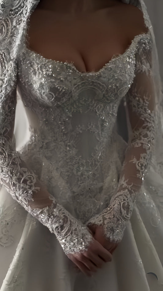 Ivory Long Sleeve Wedding Dress - Off Shoulder Ball Gown with Appliques