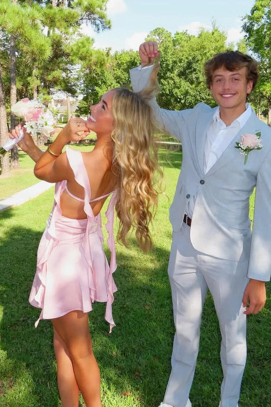 Cute Pink Sheath Ruffle Straps Open Back Satin Homecoming Dress