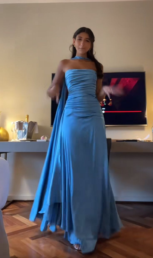 Strapless Blue Prom Dress Long Evening Party Gowns