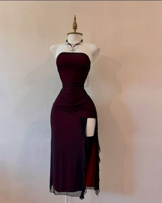 Vintage Strapless Burgundy Sheath Slit Prom Dress Birthday Party Dress Y9635