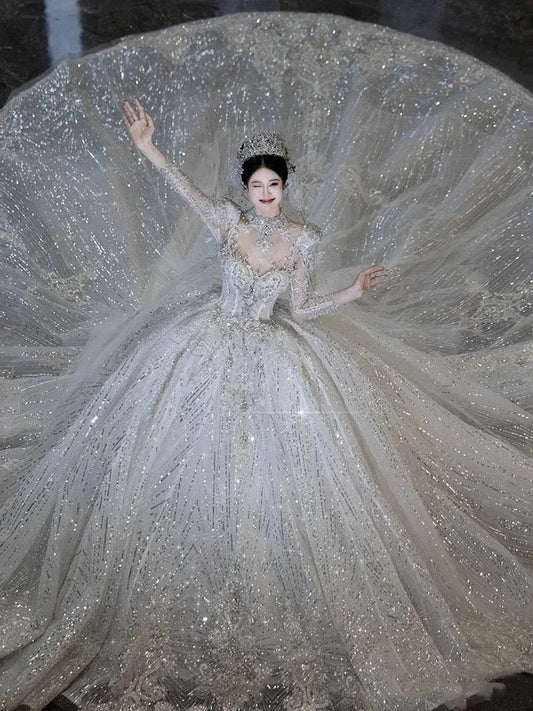 Luxury Ball Gown Sweetheart Sequin With Lace White Wedding Dress Modest Wedding Dresses Princess Wedding Gowns DH1494