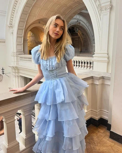 Aimishng Cute Blue Tulle Tiered Hepburn Princess Prom Dress Evening Dress Ball Gown