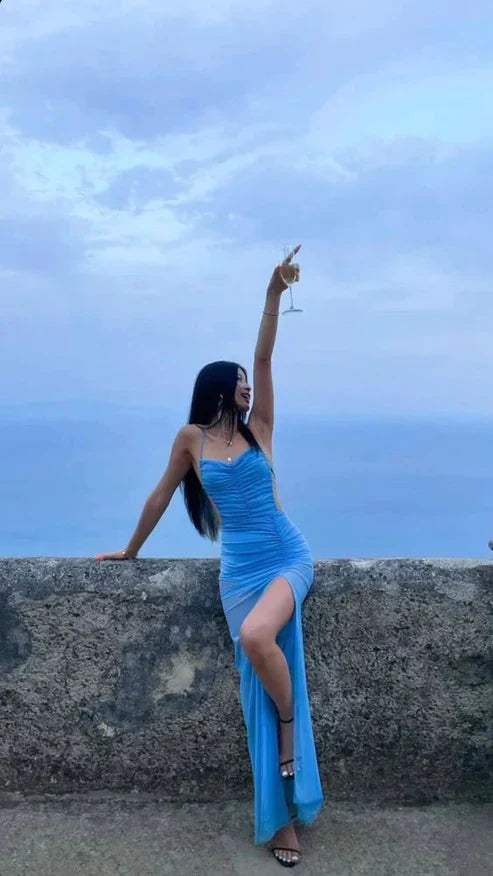 Liymcdress Blue Sexy Long Prom Dress Charming Evening Party Dress Formal Dress With Slit