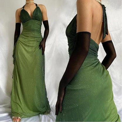 Shiny Green Gradient Long Chiffon Ball Gown Prom Dress Celebrity Dresses