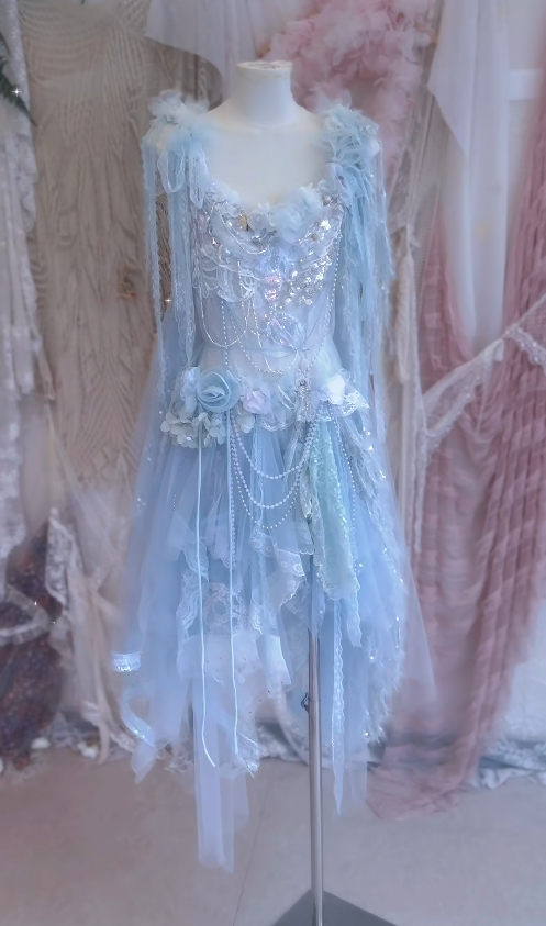 Baby Blue A Line Straps Floral Beaded Tulle Short Prom Dress 16th Birthday Dress SH4263