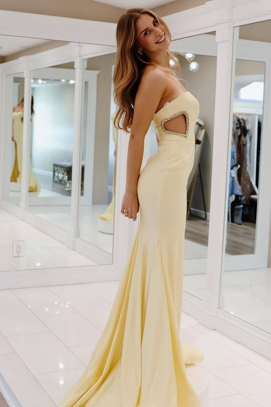 Dazzling Yellow Mermaid Strapless Dress with Flowing Slit Prom Dress