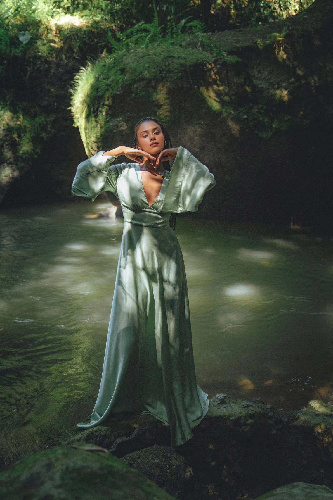 Deep V Neck Long Sleeves A-line Open Back Floor Length Simple Boho Bridesmaid Prom Party Dress