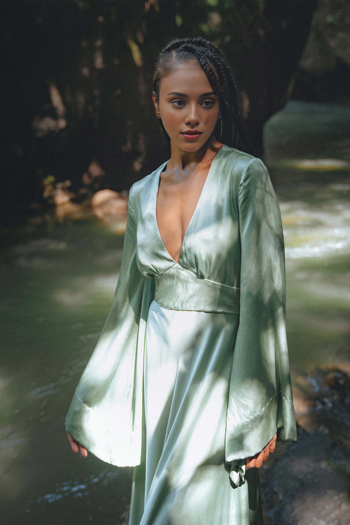 Deep V Neck Long Sleeves A-line Open Back Floor Length Simple Boho Bridesmaid Prom Party Dress