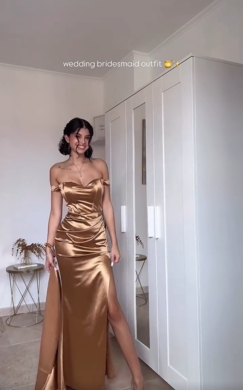 Pretty Mermaid Off the Shoulder Slit Satin Wedding Bridesmaid Dress Outfits SH4961