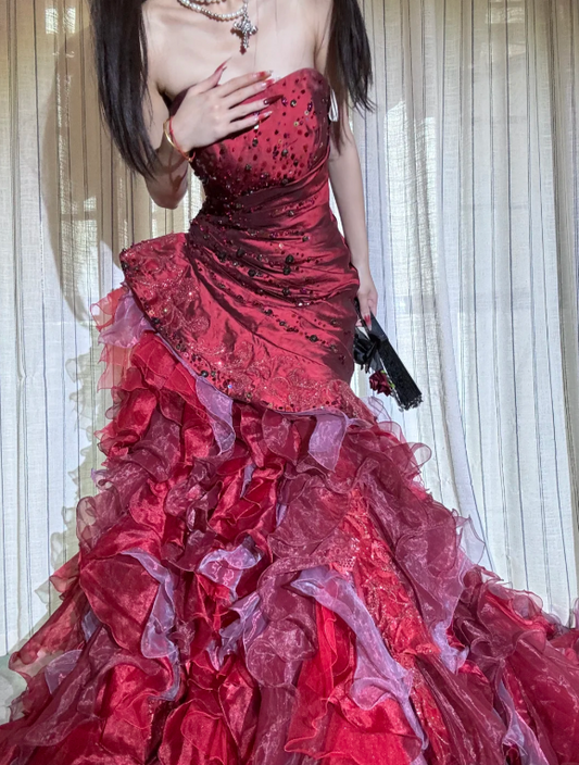 Gorgeous Mermaid Long Prom Dress, Strapless Burgundy Birthday Dress, Satin Tulle Sweet 16 Dress ED05387