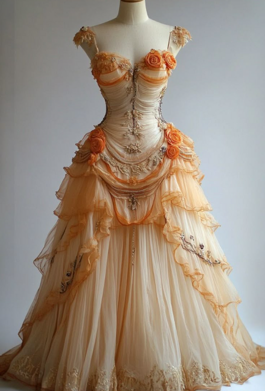 Gorgeous Ball Gown Orange Long Prom Dress, Straps Chiffon Pleated Birthday Dresses Orange Quinceanera Dresses ED05404