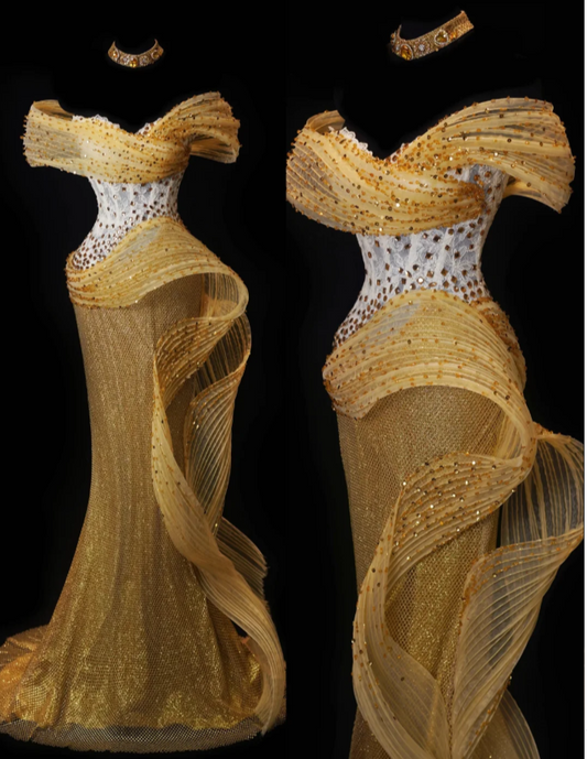 Chic Yellow Sheath Long Prom Dresses Beaded Tulle Off-shoulder Evening Dresses Sleeveless Birthday Dresses ED05787