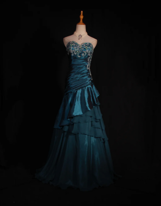 Retro Teal A-Line Long Prom Dresses Satin Beaded Strapless Evening  Gowns ED05857