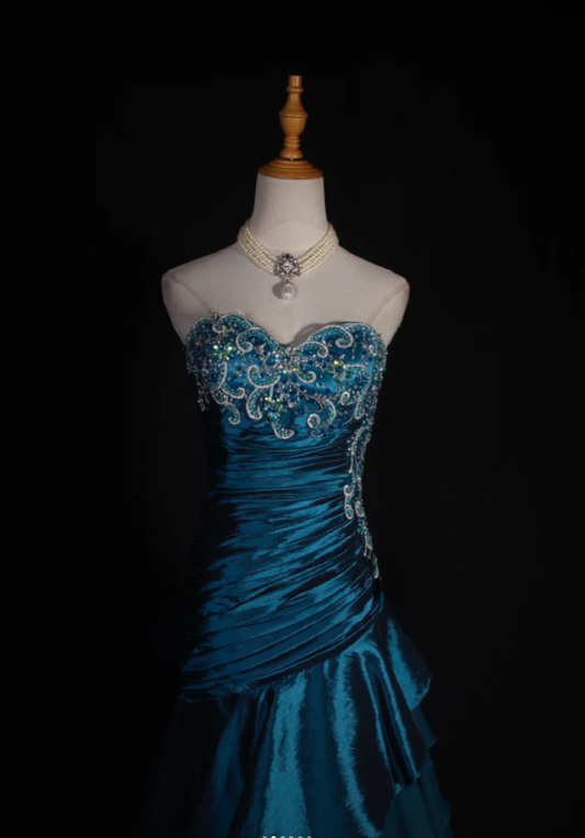 Retro Teal A-Line Long Prom Dresses Satin Beaded Strapless Evening  Gowns ED05857