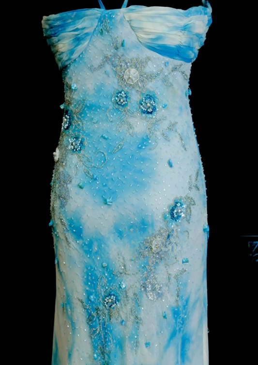 Chic Blue Formal Dresses Halter Sheath Birthday Dresses Beaded Chiffon Sleeveless Long Evening Dresses ED06098