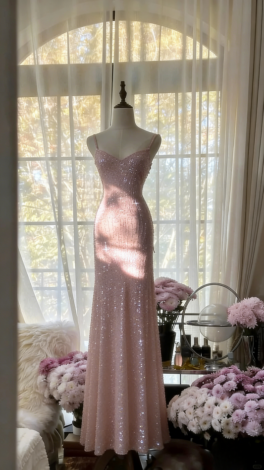 Chic Pink Long Prom Dresses Spaghetti Straps Sheath Evening Dresses Sequins Tulle Sleeveless Party Dresses ED06124