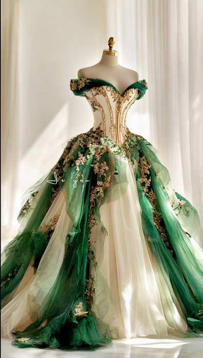 Chic Green Long Prom Dresses Appliques Tulle Off-shoulder A-Line Evening Dresses ED06152
