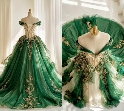Chic Green Long Prom Dresses Appliques Tulle Off-shoulder A-Line Evening Dresses ED06152