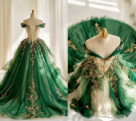 Chic Green Long Prom Dresses Appliques Tulle Off-shoulder A-Line Evening Dresses ED06152