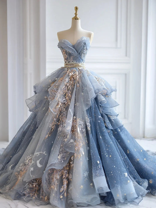 Chic Gray Blue Long Prom Dresses Tulle Applique Sweetheart A-Line Evening Dresses Sleeveless Birthday Dresses ED06211