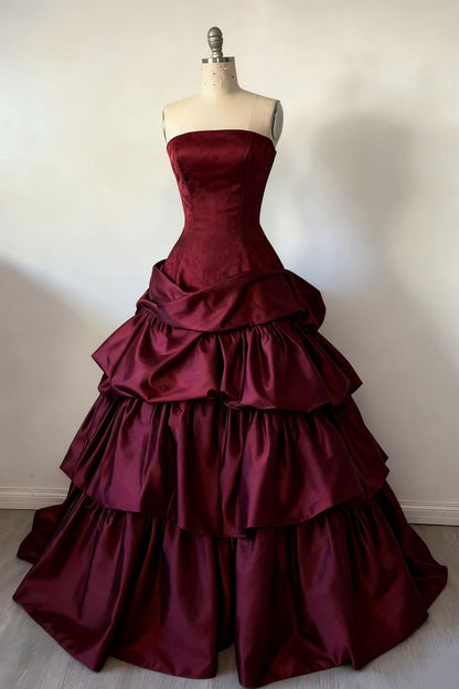 Gorgeous A-Line Burgundy Prom Dress Satin Strapless  Long Evening Dress Sleeveless Birthday Dress ED06451