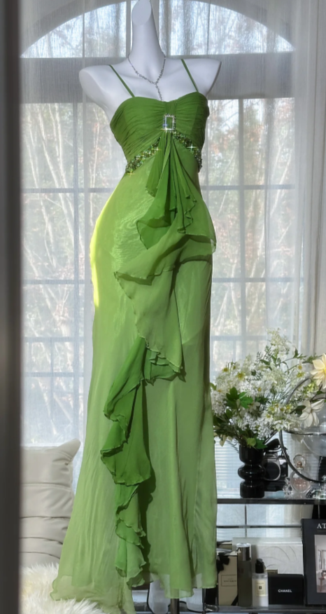 Chic Sheath Green Long Prom Dress Chiffon Spaghetti Straps Evening Dress Sleeveless Birthday Dress ED06482