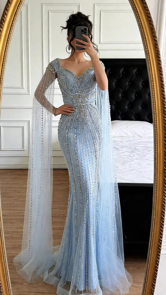 Chic Sky Blue Long Prom Dress Beaded Tulle Mermaid Evening Gowns Queen Anne Birthday Dress ED06525