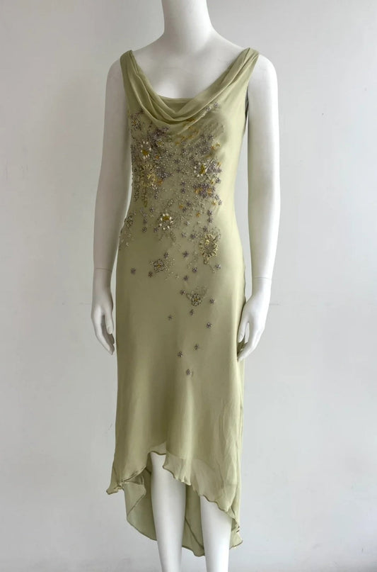 Chic Green Prom Dresses V-neck Sheath Evening Dress Beaded Chiffon Sleeveless Wedding Guest Outfit  ED06533