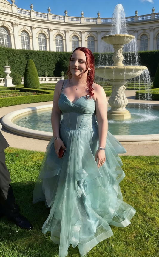 Fairy Long Green Prom Dresses Spaghetti Straps A-Line  Evening Dress Tulle Sleeveless Birthday Dress ED06704