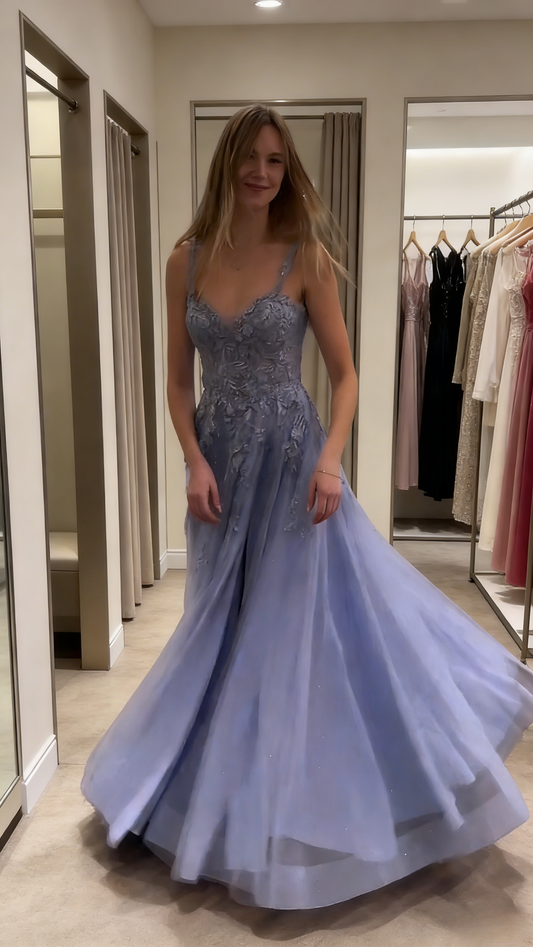 Cute Long Purple Prom Dresses Spaghetti Straps A-Line Evening Dress Appliques Tulle Sleeveless Birthday Dress ED06706