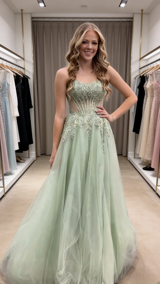 Classy Long Green Prom Dresses Strapless A-Line Evening Dress Appliques Tulle Sleeveless Birthday Dress ED06710