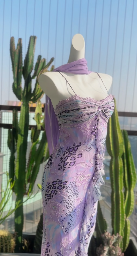 Purple Prom Dresses Spaghetti Straps Sheath Vintage Evening Dress Chiffon Beaded Long Birthday Dress ED06717