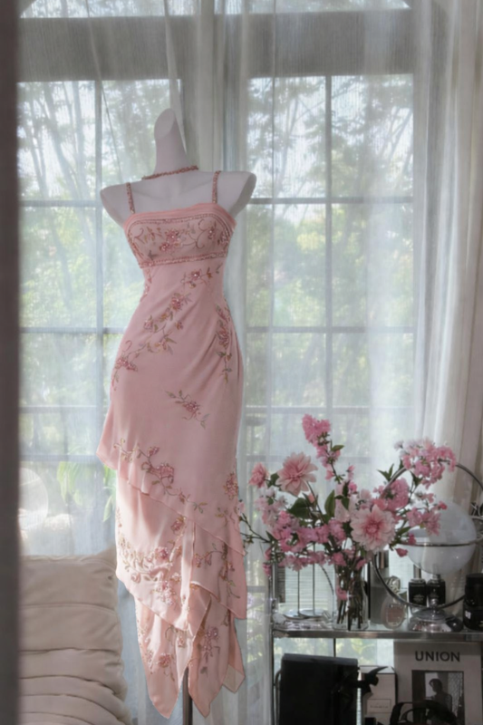 Vintage Pink Prom Dress Spaghetti Straps Sheath Long Evening Dress Beaded Chiffon Birthday Dress ED06724