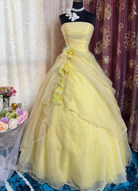 Fairy Yellow Prom Dress Strapless A-Line Long Evening Dress Tulle Appliques Sleeveless Sweet 16 Dress ED06731