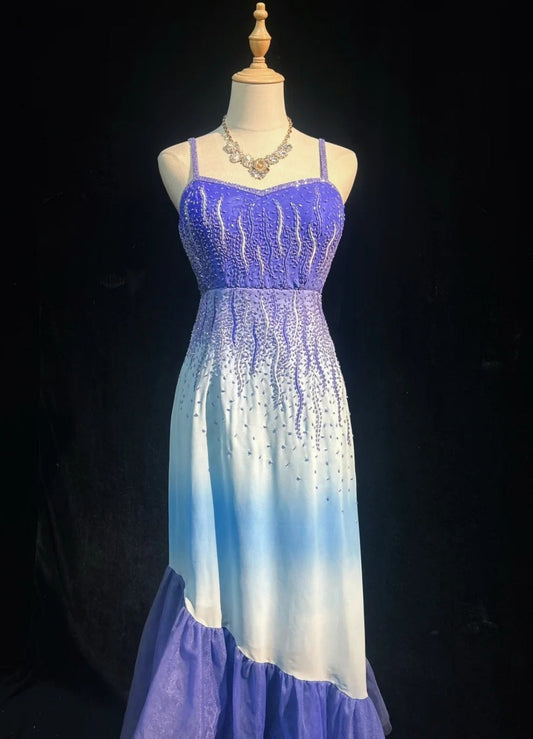 Classy Purple Prom Dresses Spaghetti Straps Sheath Long Evening Dress Tulle Beaded Sleeveless Birthday Dress ED06734