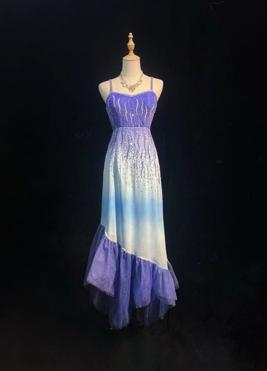 Classy Purple Prom Dresses Spaghetti Straps Sheath Long Evening Dress Tulle Beaded Sleeveless Birthday Dress ED06734