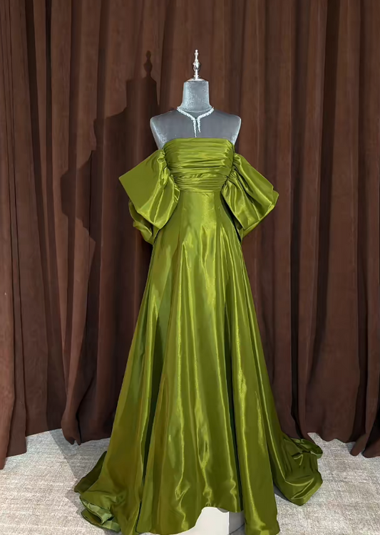 Elegant Olive Green Prom Dresses Off-shoulder A-Line Long Evening Dress Satin Sleeveless Birthday Dress ED06747