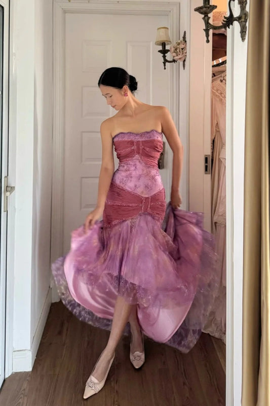 Fairy Pink Prom Dress  Strapless Sheath Evening Dress BeadedTulle Sleeveless Birthday Dress ED06763