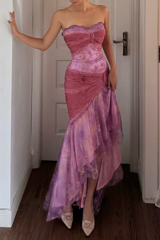 Fairy Pink Prom Dress  Strapless Sheath Evening Dress BeadedTulle Sleeveless Birthday Dress ED06763